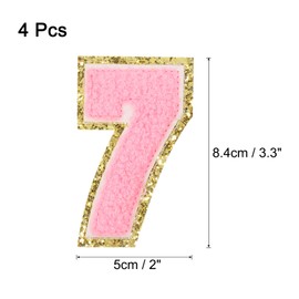 QUARKZMAN Pack of 4 Glitter Number Patches 8.4 cm / 3.3 Inches Chenille Embroidery Numbers Iron on for Team Uniforms, Sports T-Shirts, Hats, Bags (Pink, 7)