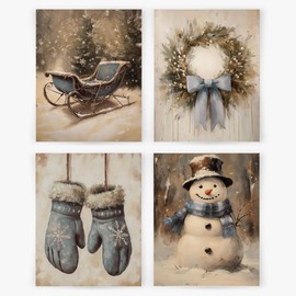 Christmas Blue Wall Decor, Vintage Christmas Snowman Wreath Xmas Wall Art Prints Set of 4, Vintage Christmas Decor, Farmhouse Christmas Decor, Christmas Wall Decor for Home, 12x16 Inches Unframed