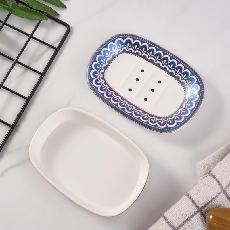 Self Draining Soap Dish, Double-Layer Bar Soap Tray, White Ceramic