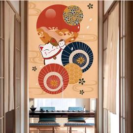Japanese Noren Doorway Curtain Tapestry Maneki Neko Lucky Cat Door Curtain Ukiyoe Paper Parasol Room Divider Home Decoration, 29 x 35 inches