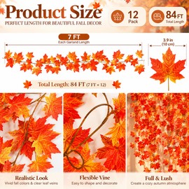 12 Pack Autumn Fall Leaf Garland, 84ft Hanging Fall Vines Maple Garland
