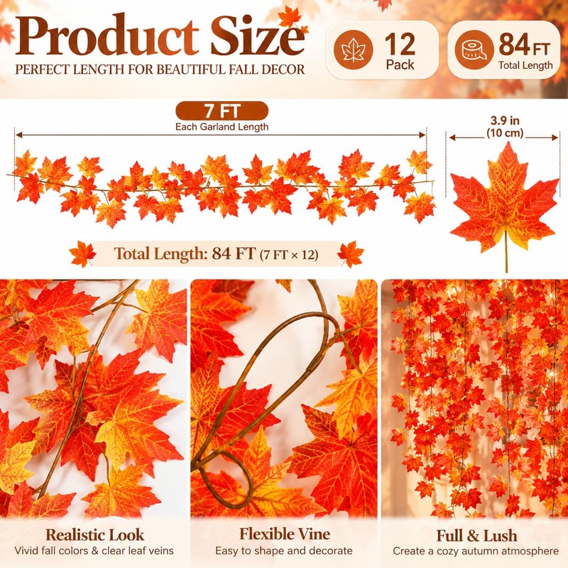 12 Pack Autumn Fall Leaf Garland, 84ft Hanging Fall Vines