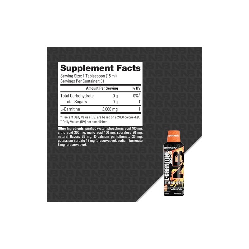 NutraBio – L-Carnitine Liquid Shots – 3000mg – 10mg of