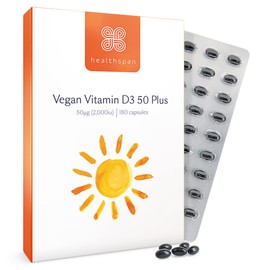 Healthspan Vegan Vitamin D3 50 Plus | 180 Capsules | 50 Micrograms of Vitamin D | Healthy Muscle, Bones & Teeth | Immune Support