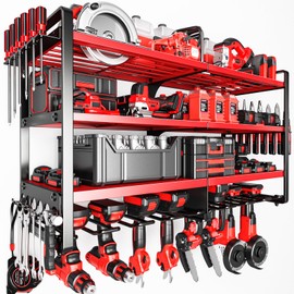 POKIPO Upgrade Large power tool organizer Wall Mount,4 Layers Heavy Duty Metal Loads 400lbs Power Tool Hanger Shelf Battery Storage with 8 Cordless Drill Bit Holder,Utility Racks for Garage Tool Room