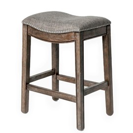 Maven Lane Adrien Backless Counter Stool – 26 Inches – Saddle Stool with Footrest – Brown Solid Wood Frame & Grey Fabric Upholstery – Perfect for Kitchen Islands & Counters