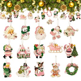 Pack of 30 Pink Christmas Tree Decorations Wooden Pendants Christmas Decoration for Hanging, Santa Claus Christmas Tree Decoration Wooden Christmas Tree Decoration Wooden Christmas Pendant Wooden