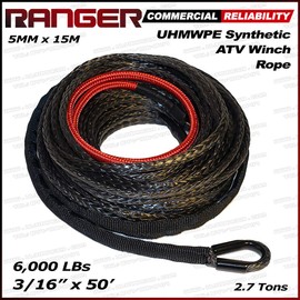 Ranger 6,000 LBs 3/16" x 50' UHMWPE Synthetic Winch Rope 5 MM x 15 M for ATV Winch
