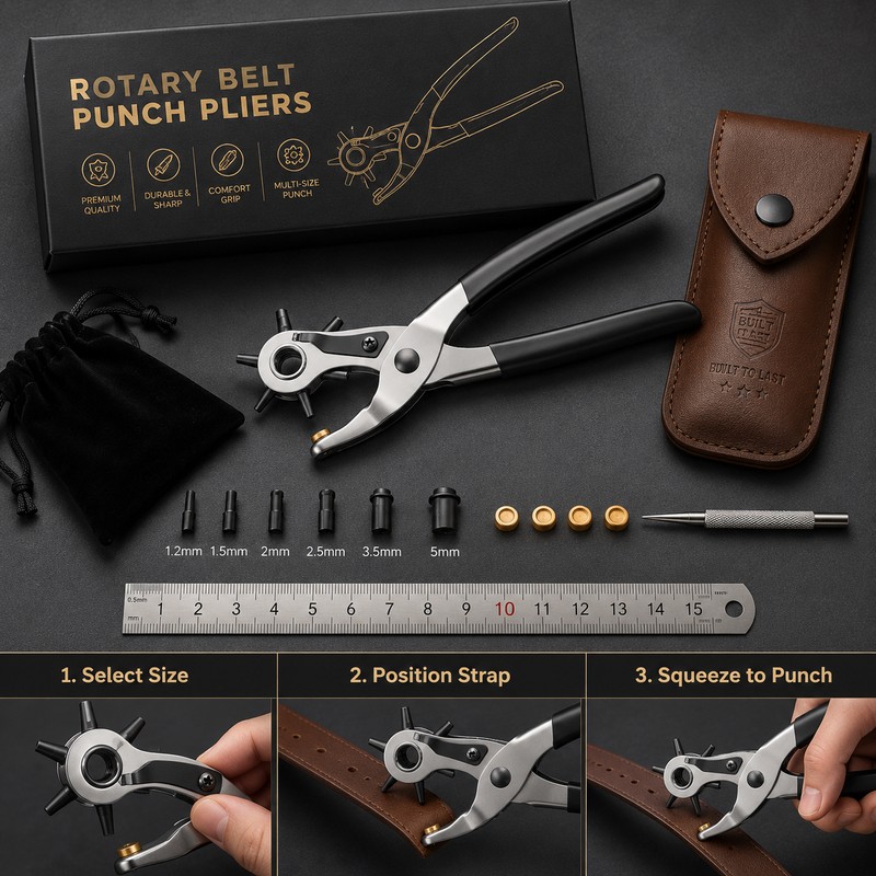 Rotary Leather Hole Punch Pliers for Precision Crafting – Adjustable
