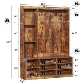 Nosepen Hall Tree with Bench and Shoe Storage, 5-in-1 Entryway Storage Bench, Shoe Rack with Coat Rack, 8 Shoe Cubbies & 5 Coat Hooks, Adjustable Shelf, Rustic Brown