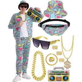 VillbeCoser 80s 90s Outfit for Men Tracksuit Costume, Hip Hop Hat Fanny Pack Ring Bracelet Gold Chain Rapper Sportswear