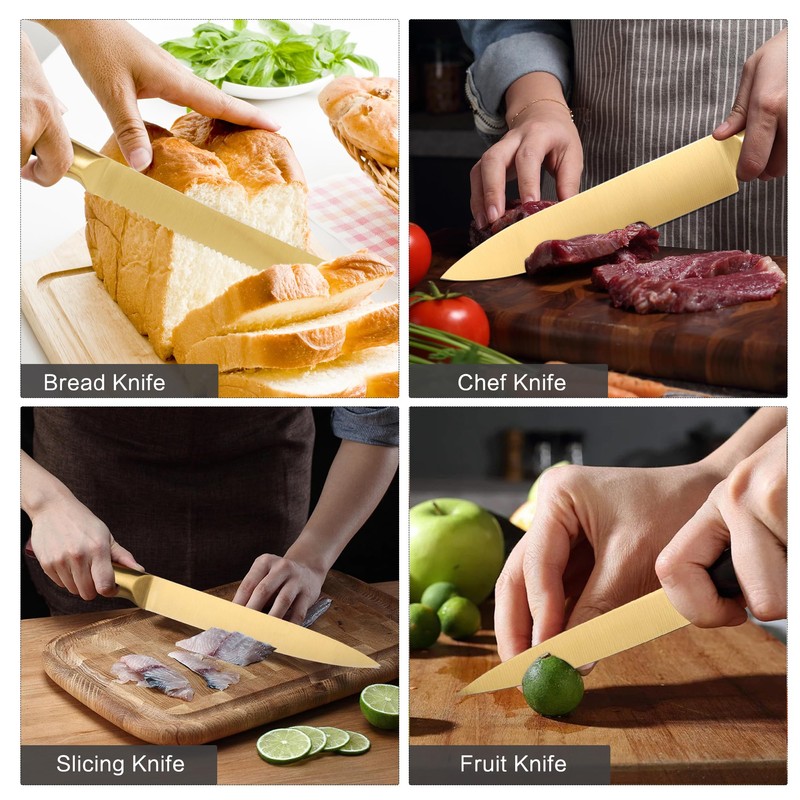 Gold Knife Set，8Pcs Golden Titanium Stainless Steel Dishwasher Safe Kitchen