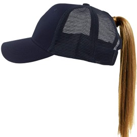 Muryobao Womens Ponytail Baseball Cap Messy High Bun Ponycap Adjustable Snapback Summer Sun Hat Plain Trucker Dad Hat Mesh Navy Blue