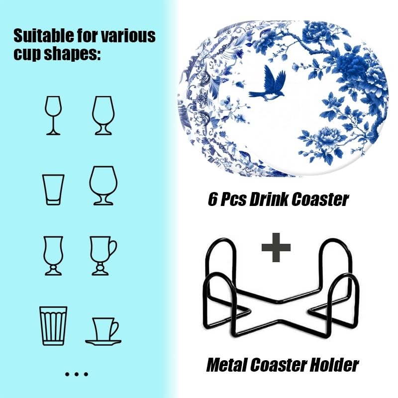 BaHomeck Absorbent Coasters for Drink Set of 6,Bule and White