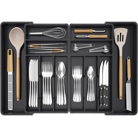 Lifewit Large Silverware Drawer Organizer, Expandable From 18 to 28 Inches, BPA Free Plastic Utensil Tray for Kitchen, Adjustable Flatware and Cutlery Holder for Spoons Forks Knives, Black