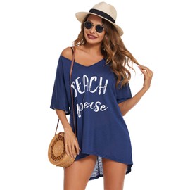 AI'MAGE Women's Beach Dress Bikini Cover Up Summer Beach Poncho Swimwear V-Neck Beach Loose Cover Up Shirt with Print, Blue A