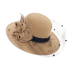 Large Brim Felt Fedora Formal Hat Wool Mix Occasion Birdcage Veil Netting Hatinator Fascinator (Wool Blend, Beige/Camel/Light Tan)
