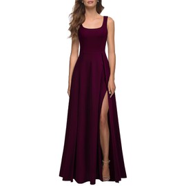 MUSHARE Women's Square Neck Sexy Split Cocktail Party Maxi Long Formal Dress Burgundy