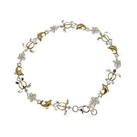 Arthur's Jewelry 925 sterling silver yellow gold plated 2 tone Hawaiian plumeria turtle dolphin anklet 9.5"+