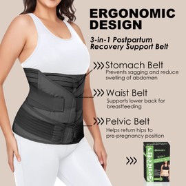 Gepoetry 3 in 1 Postpartum Belly Band Wrap Support Recovery Girdles Abdominer Binder Post Surgery Belly&Waist&Pelvis Support Belt & Back Brace(Black, Small/Medium)
