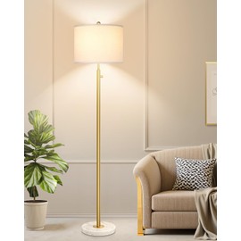 Nintiue Dimmable Gold Floor Lamp for Living Room, 11W LED Bulb Included, Modern Standing Lamp with Marble Base, Tall Pole Light with White Linen Shade for Bedroom Reading Office Corner Nursery