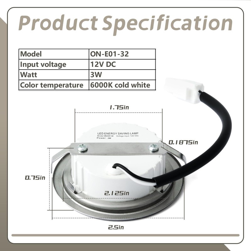 YIYANTO ON-E01-32 Range Hood Light Bulb 12VDC 3W 6000K LED