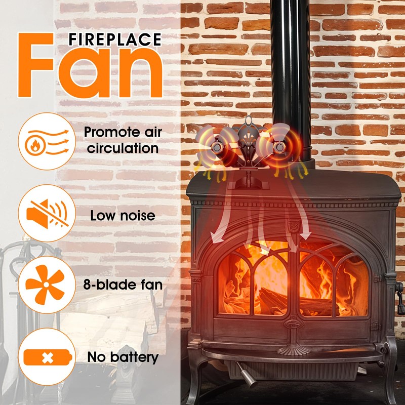 Ourhom Wood Stove Fan with Magnetic Thermometer, 8 Blades, Silent