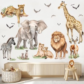 wondever Large Safari Animals Wall Stickers Jungle Lion Leopard Giraffe Peel and Stick Wall Art Decals for Baby Nursery Kids Bedroom Living Room