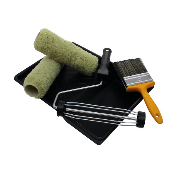 ProDec PRRT028 5 piece Twin Masonry Paint Roller, Frame, 4" Brush and Tray Set, Heavy Duty Paint Roller Set for Painting with Smooth and Textured Masonry Paints on Exterior Walls, 9", Black