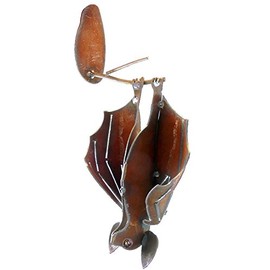 Modern Artisans Hanging Metal Garden Bat Sculpture, American Handmade: Open Wings, Facing Left in Rusty Brown