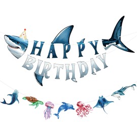 Hooqict Ocean Birthday Party Decorations Shark Happy Birthday Banner Garland Sea Ocean Party Banner for Kids Boys Under The Sea Animal Themed Party Decorations