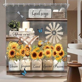 Farmhouse Rustic Sunflower Shower Curtains Inspirational Quotes, 72x72in