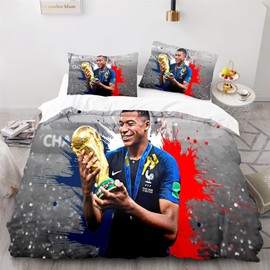 Enfunt-Home Football Stars Mbappe Bed Linen 135 x 200 cm, Duvet Cover with Zip Bed Linen Set Pillowcase 80 x 80 cm Microfibre Teenage Bedding 3D Digital Print
