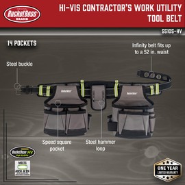 Bucket Boss 2 Tool Bag Tool Belt, Made from Durable Fabric, with High-Visibility Retro-Reflective Safety Strips, Barrel-Bottom Super Capacity Pouches & Speed Square Pocket,Grey,55105-HV,Size 52