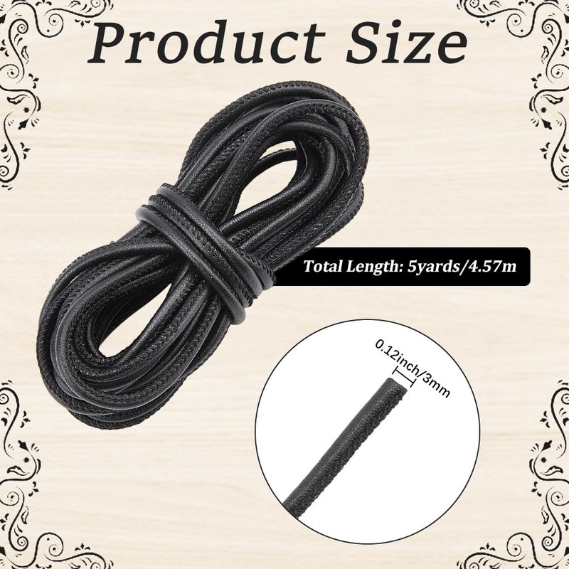 CALFOVERA 4.6m x 3mm Round PU Leather Cord Black Thin