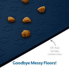 MIGHTY MONKEY 100% Waterproof Dog Food Mat, Raised Edges Silicone Pet Feeding Placemat for Cat, Dogs, Pet Bowls, High Lipped Tray Prevents Water Spills, Food on Floor, Dishwasher Safe, 18x12, Navy