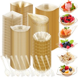 Tessco 1200 Pcs Mini Plastic Dessert Plates Set Including 600 Pcs 6 Shapes Appetizer Plates Dessert Bowls with 300 Pcs Spoons 300 Pcs Forks for Party Wedding(Gold)