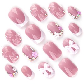24Pcs Camellia Rhinestones Flash French Tip Press on Nails Short Square with Charms Bow Flower Design Pink French Nails Press ons Stick on Nails Acrylic Nails False Nails for Women Daily Wear 24Pcs