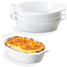 ONEMORE Oval Au Gratin Baking Dish, 20 oz Individual Casserole Dishes for Oven Safe Ceramic Baking Pan with Handles, Set of 4 Au Gratin Pans for Roasting, Lasagna, Baking Meat & Vegetables - White
