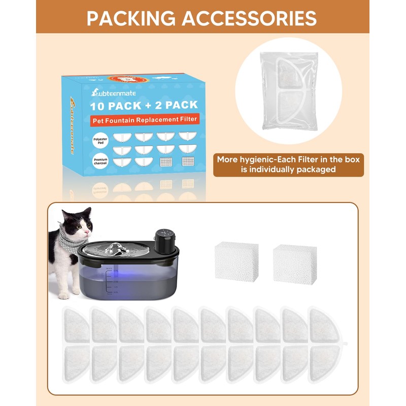 subteenmate Wireless Cat Water Fountain Filters Set, 10 Filters &