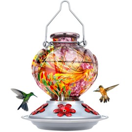 BOLITE Hummingbird Feeder, Hand Blown Glass Hummingbird Feeders for Outdoors Hanging, 22 Ounce, Five Feeding Ports with Perch, Peony Flower Shape, Purple