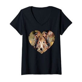 Womens Collie Dog Breed Colorful Heart-shaped Art Portrait Design V-Neck T-Shirt