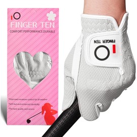 FINGER TEN Golf Gloves Women Left Hand Right Microfiber All Weather Grip Rain Hot Wet Value Pack, Ladies Golf Gloves Soft Flexible Durable Wear Resistance Good Grip (White, L, Left)