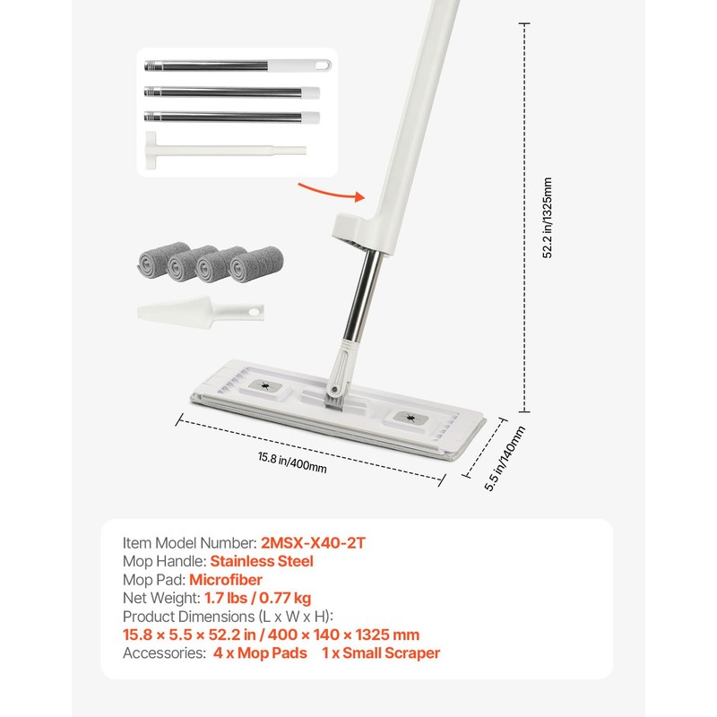 VEVOR Flat Mop, Self Wringing, Microfiber Floor Cleaner with 4