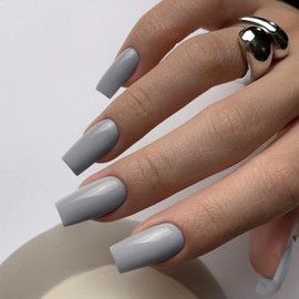 Light Grey Press On Nails Medium Long Square, Xcreando Medium Coffin Nails Acrylic Press ons Glue on Nails, Solid Color Fake Nail for Women, Natural Thick Artificial Stick on