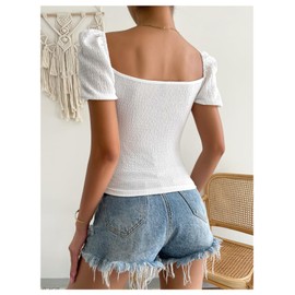 SweatyRocks Women's Puff Short Sleeve Tops Sweetheart Neck Top Bow Knot Textured T Shirts White Medium