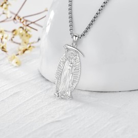 LOOVE Santa Muerte Necklace for Women Sterling Silver Skull Necklace Grim Reaper Scythe Necklace Santa Muerte Pendant Holy Dead Necklace Santa Muerte Necklace for Men Protection Amulet