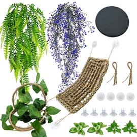 8PCS Bearded Dragon Hammock,Reptile Basking Platform Rock Reptile Artificial Plants Leaves & Vines Lizard Habitat Decor Terrarium Tank Accessories for Hiding&Climbing Snake Gecko Bird Chameleon