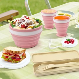 5 Pack Collapsible Camping Bowl Sets,Camping Foldable Bowl Set,Camping Plate Bowl Cup Cutlery Set,Folding Portable Camping Plates and Bowls Set for Outdoor Traveling Hiking Camping Picnic (Powdered)