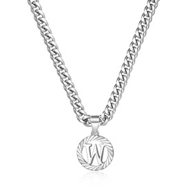 KissYan Gold Initial Necklace,14K Gold Plated Round Letter Pendant Hollow Capital Monogram 5mm Cuban Chain Necklace Alhpabets from A-Z Dainty Jewelry for Women Men Girls(Silver W), Stainless Steel, No Gemstone